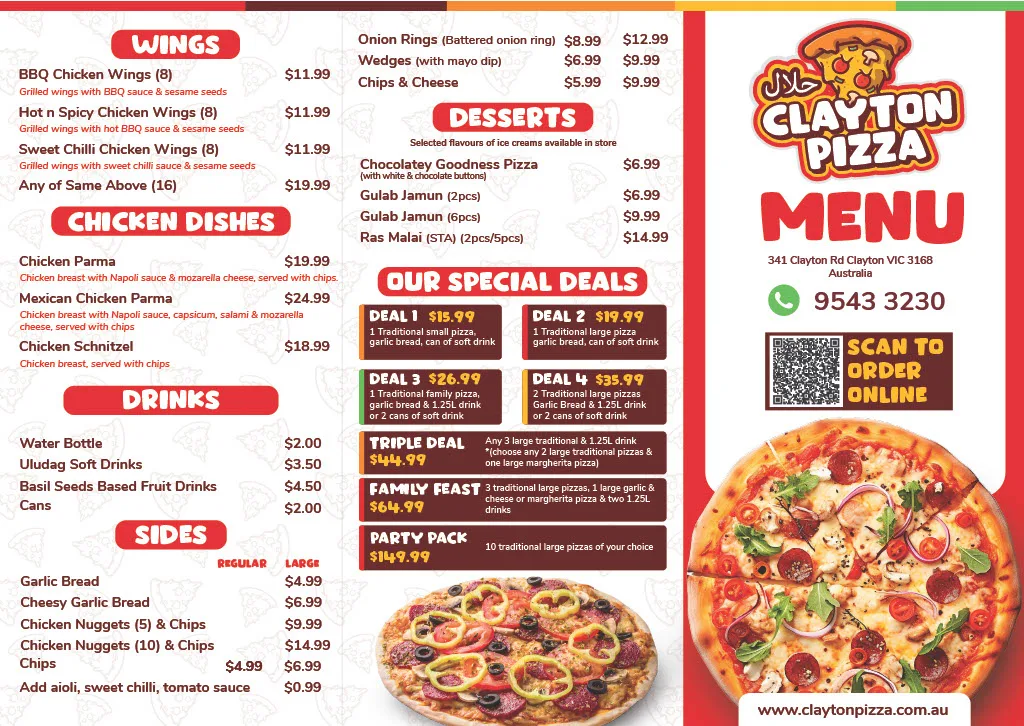 Menu, Clayton Pizza