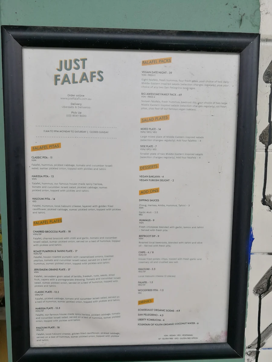 Menu, Just Falafs