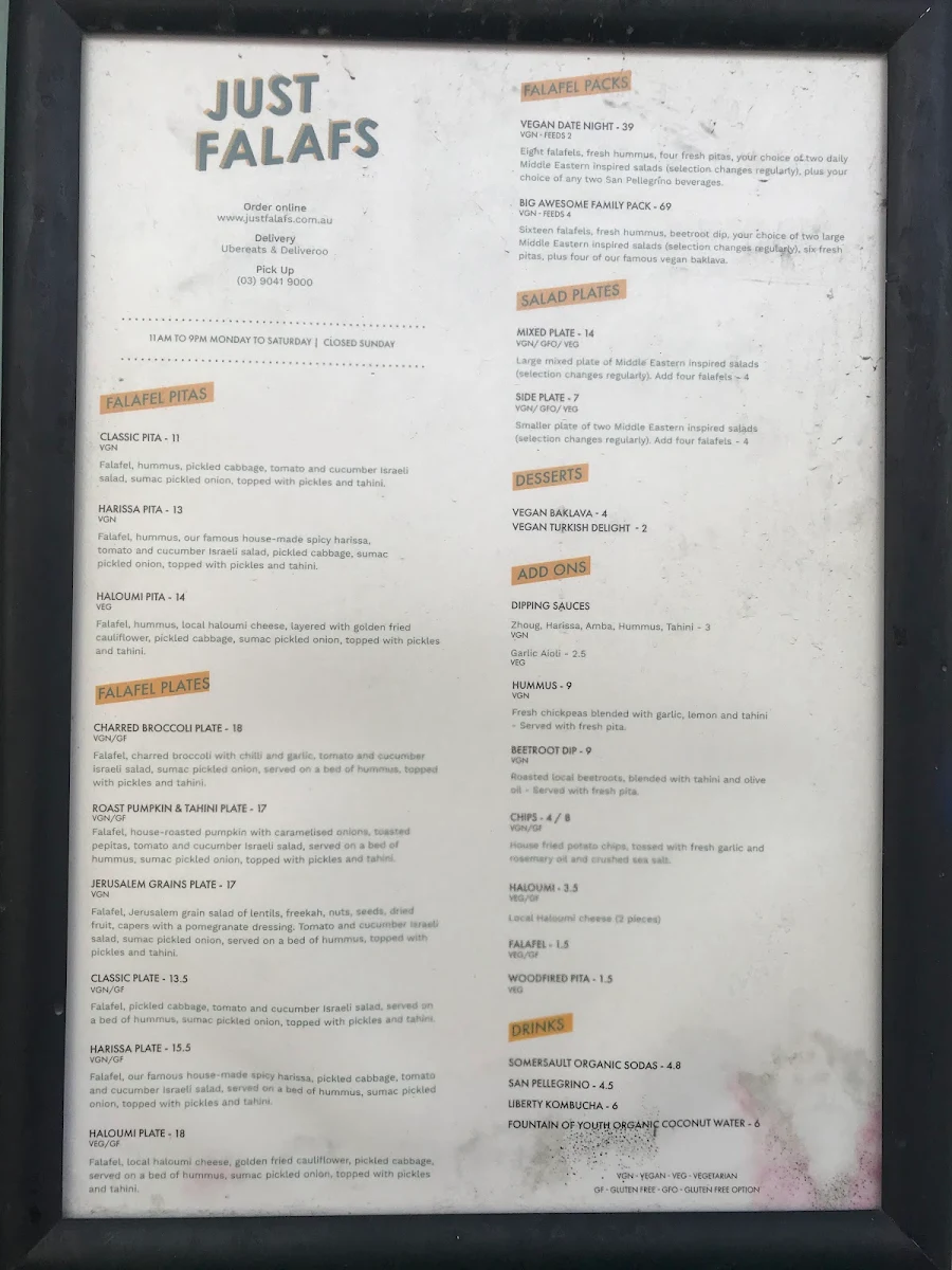 Menu, Just Falafs