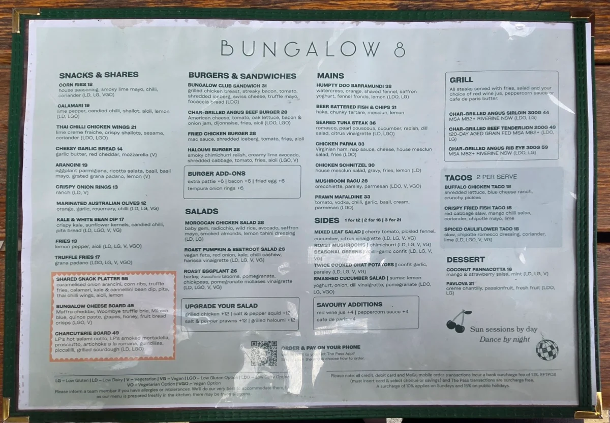 Menu, Bungalow 8