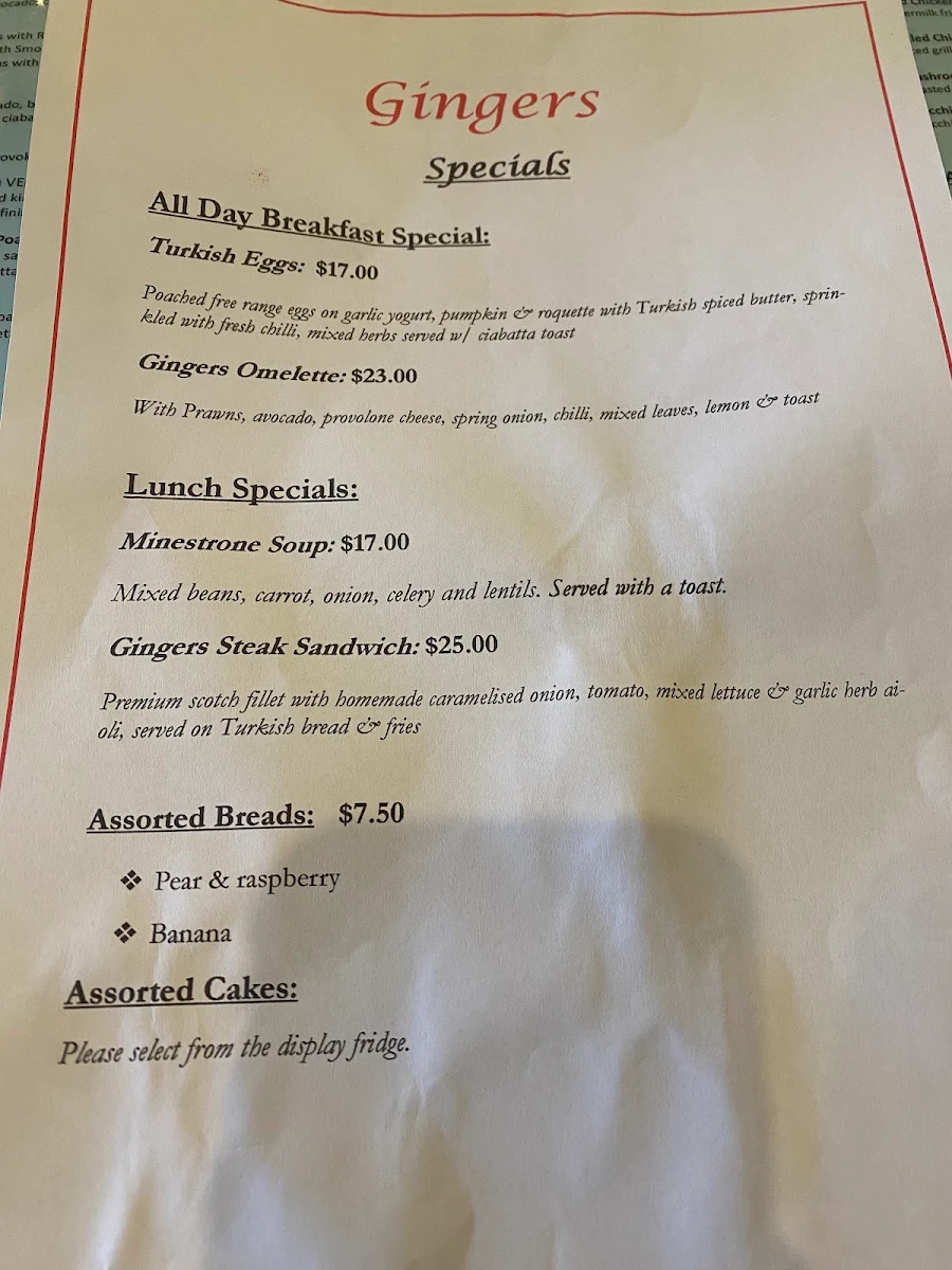 Menu, Gingers Vintage Lounge Bar