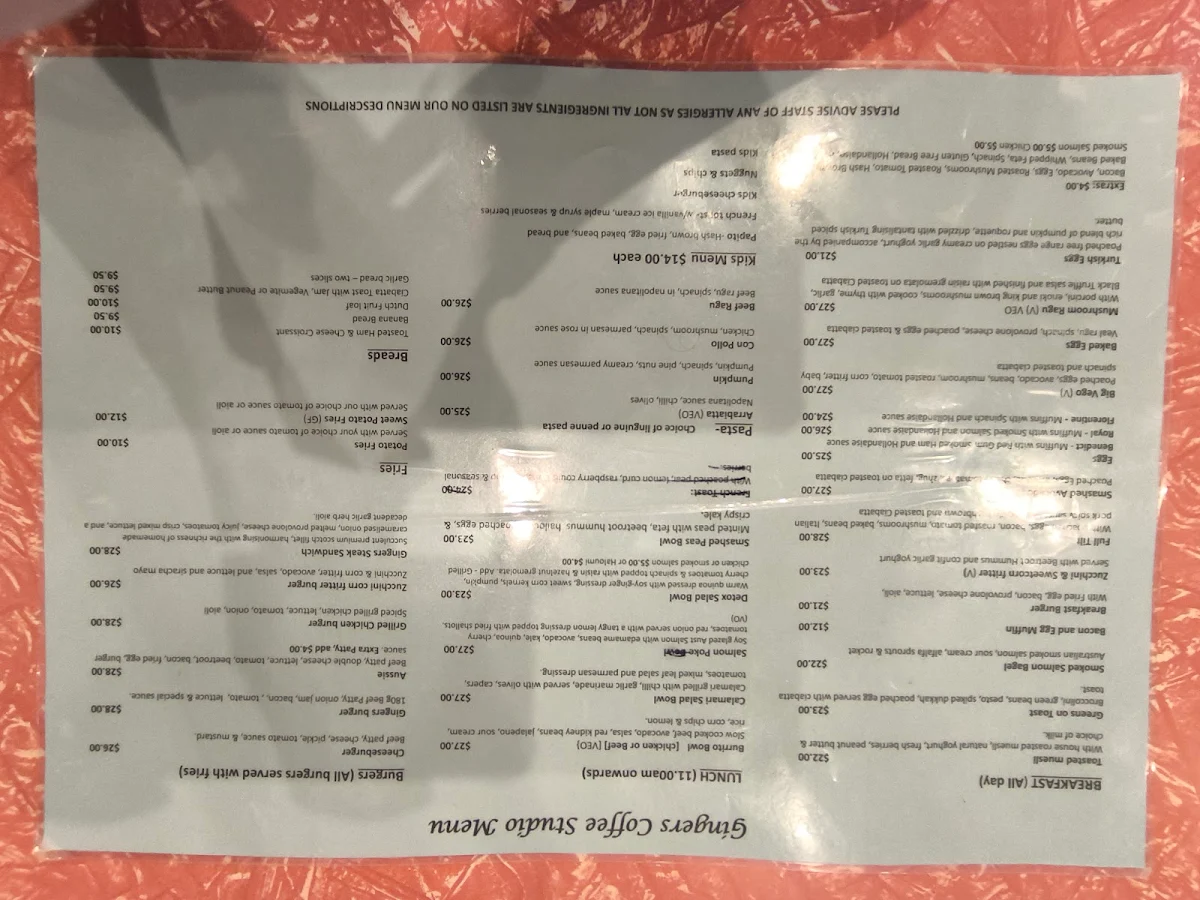 Menu, Gingers Vintage Lounge Bar