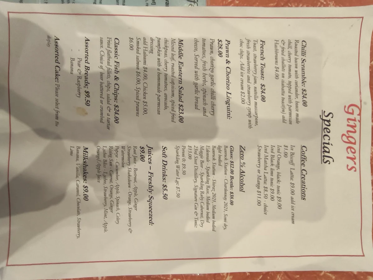 Menu, Gingers Vintage Lounge Bar