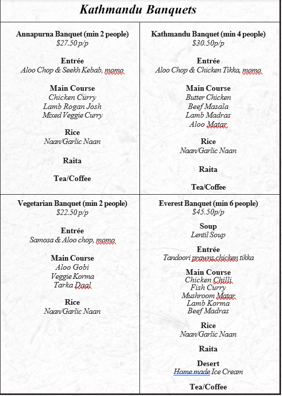 Menu, The Kathmandu Cottage