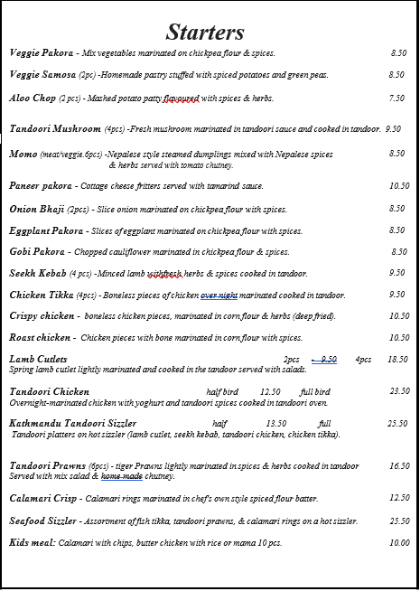 Menu, The Kathmandu Cottage