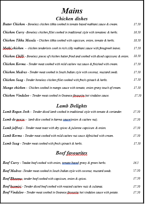 Menu, The Kathmandu Cottage