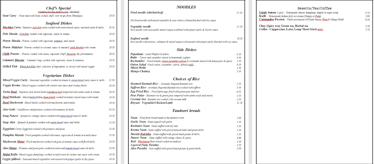 Menu, The Kathmandu Cottage