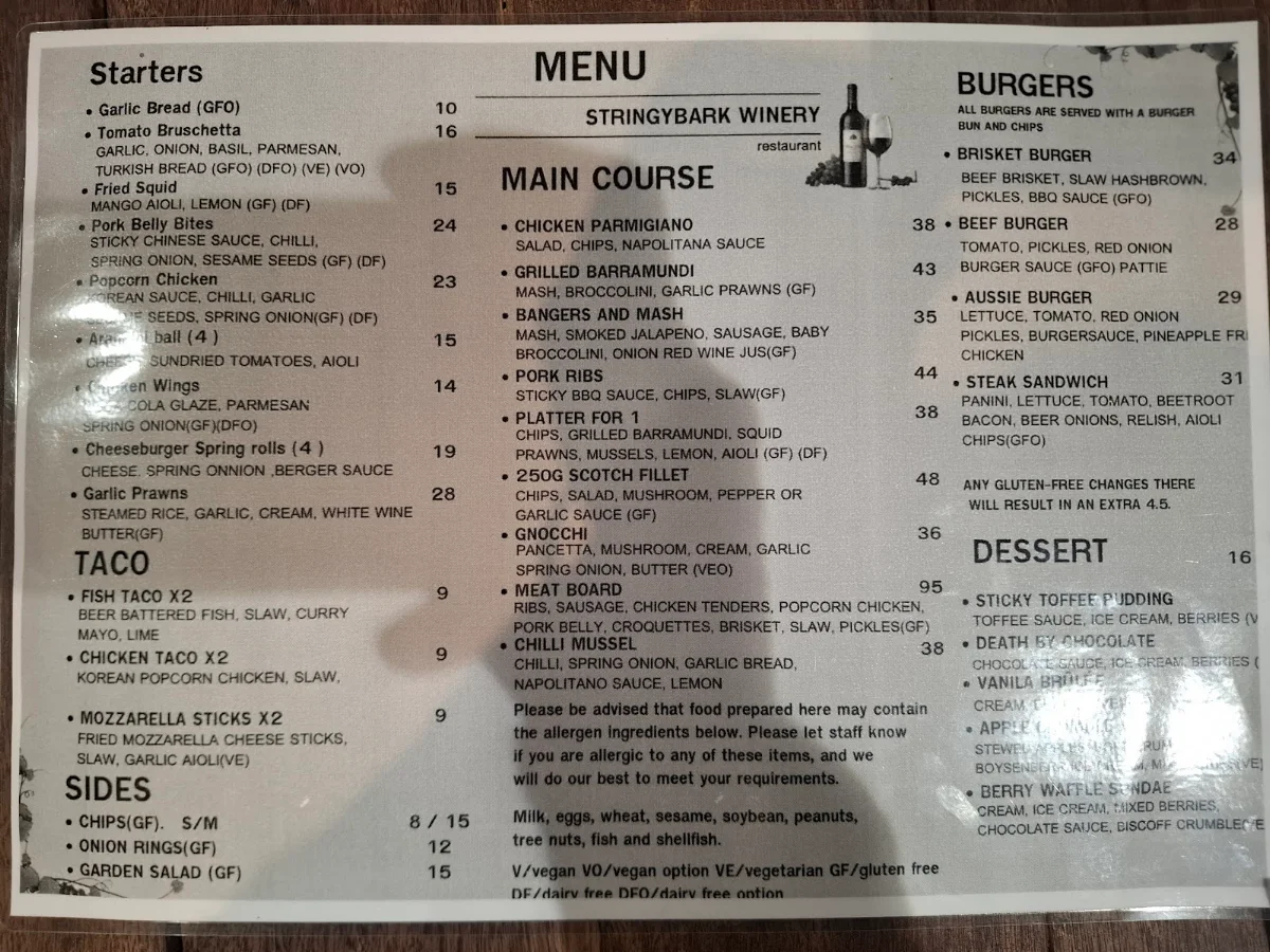 Menu, Stringybark Cottage Winery & Restaurant