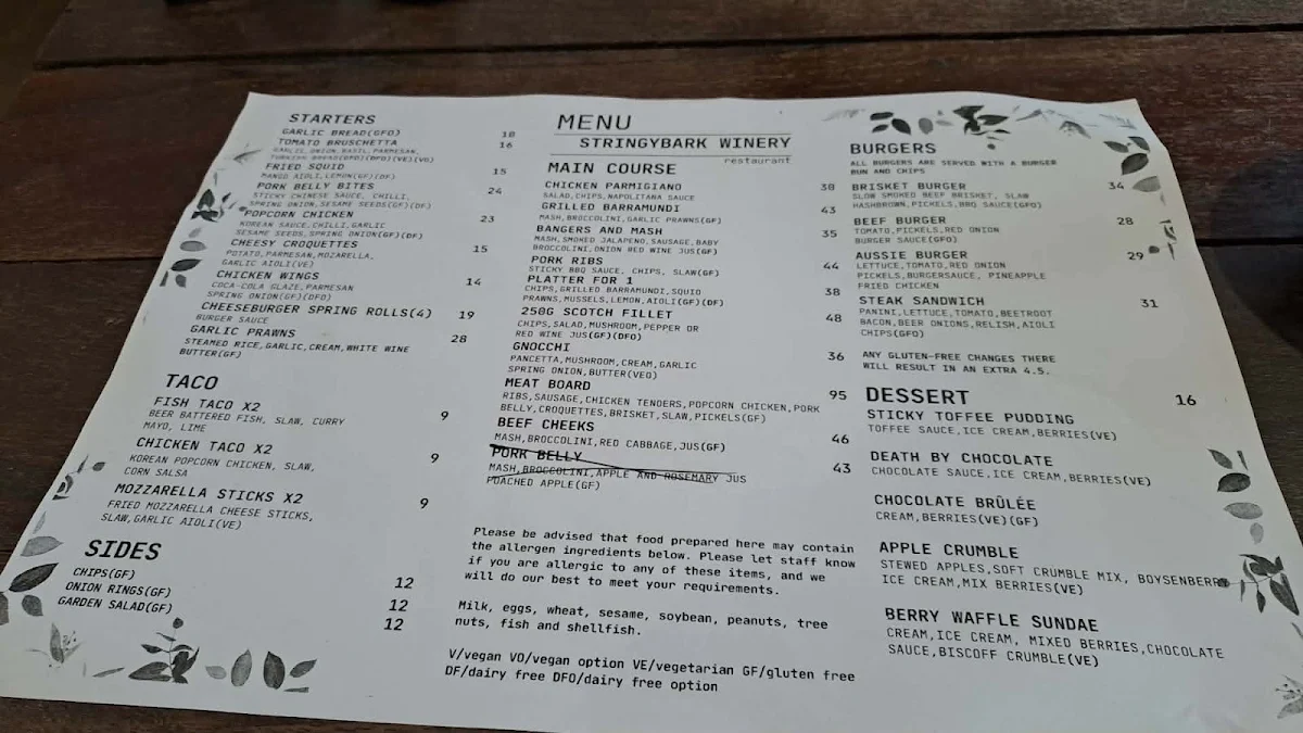 Menu, Stringybark Cottage Winery & Restaurant