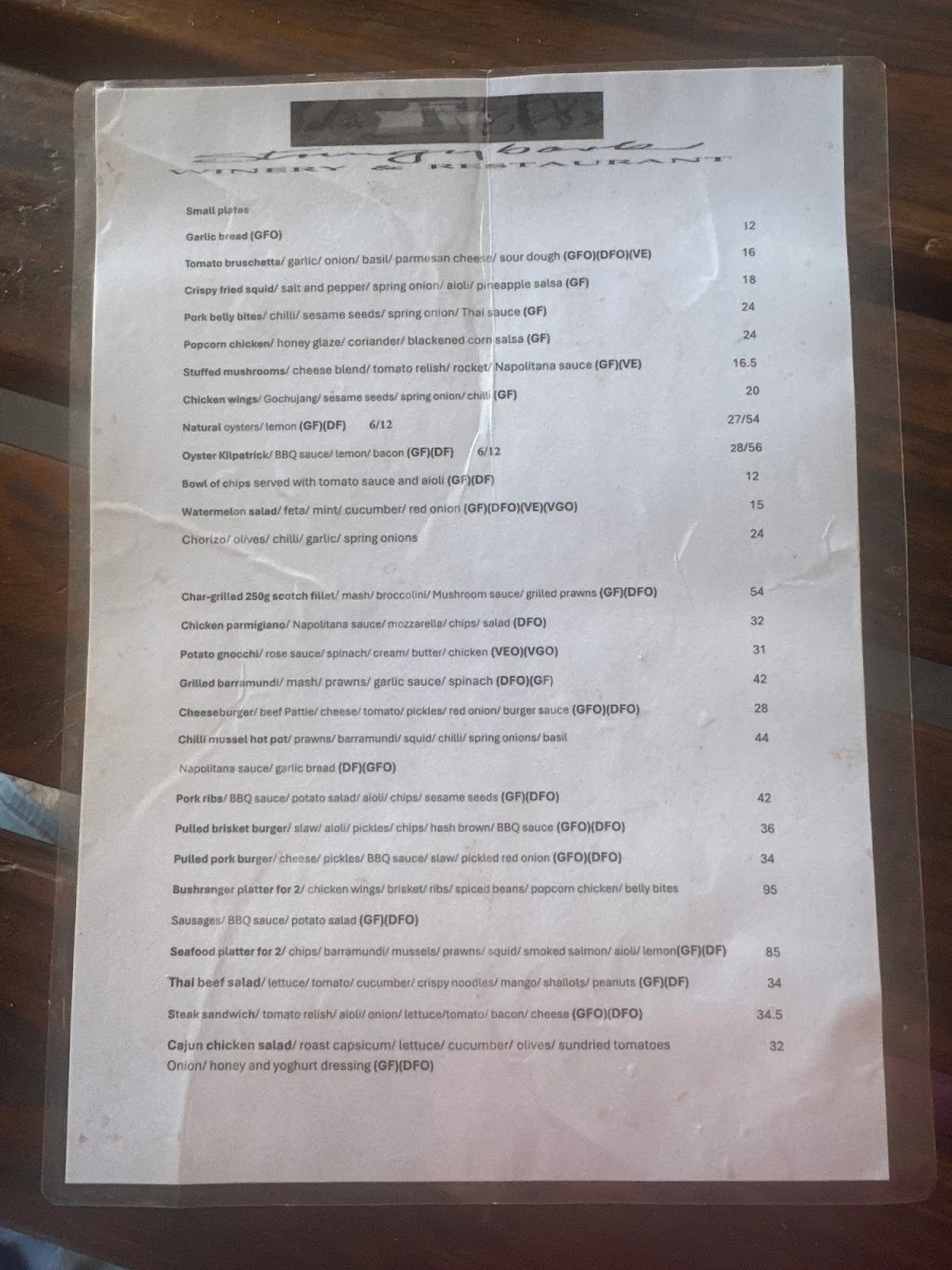 Menu, Stringybark Cottage Winery & Restaurant