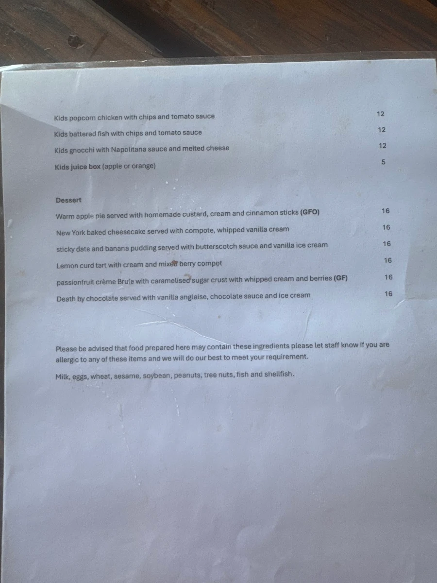 Menu, Stringybark Cottage Winery & Restaurant