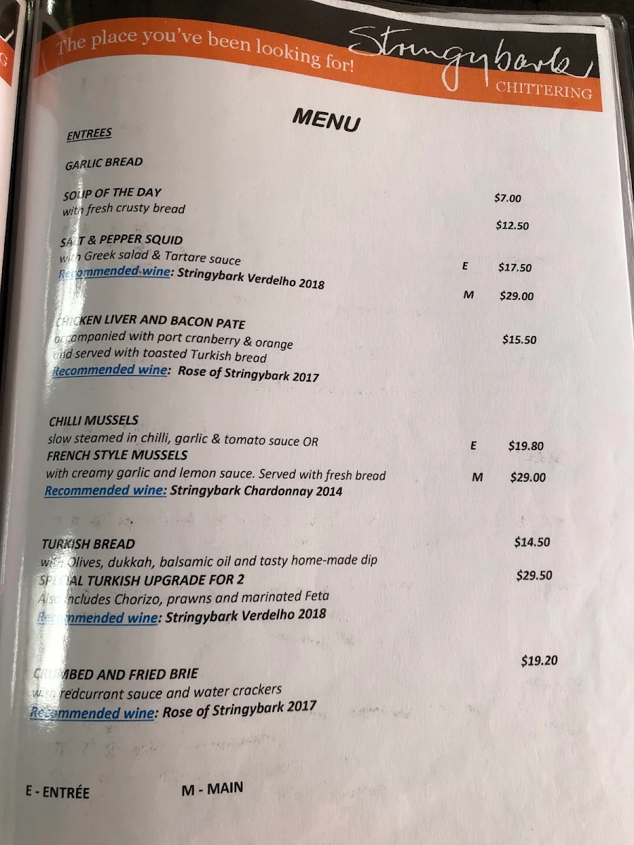 Menu, Stringybark Cottage Winery & Restaurant