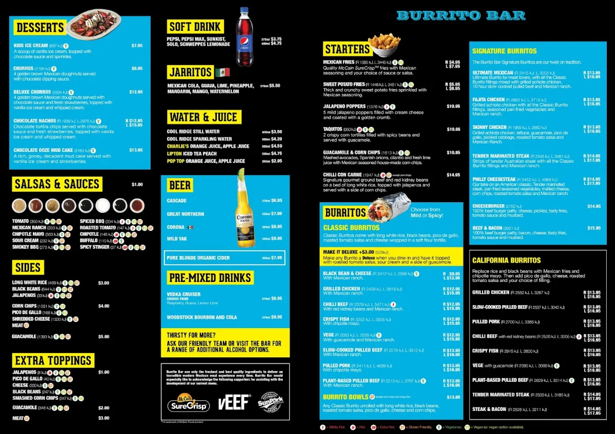 Menu, Burrito Bar Lismore
