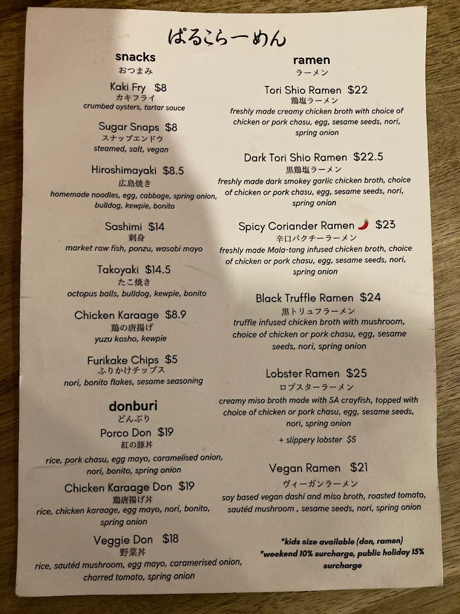 Menu, Parco Ramen