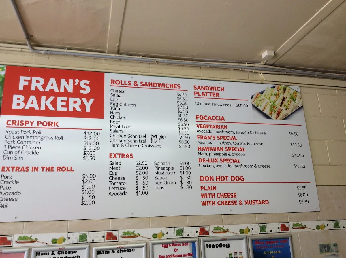 Menu, Fran's Studfield Bakeries