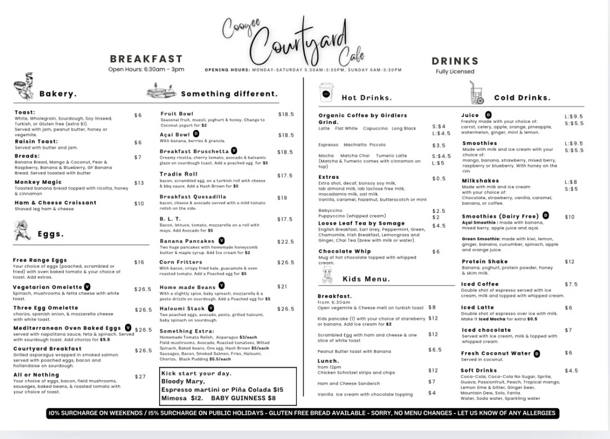 Menu, Coogee Courtyard