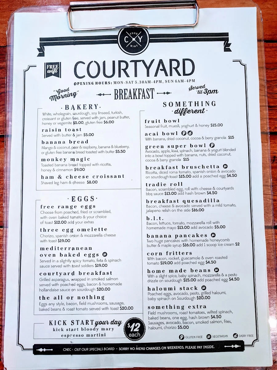 Menu, Coogee Courtyard