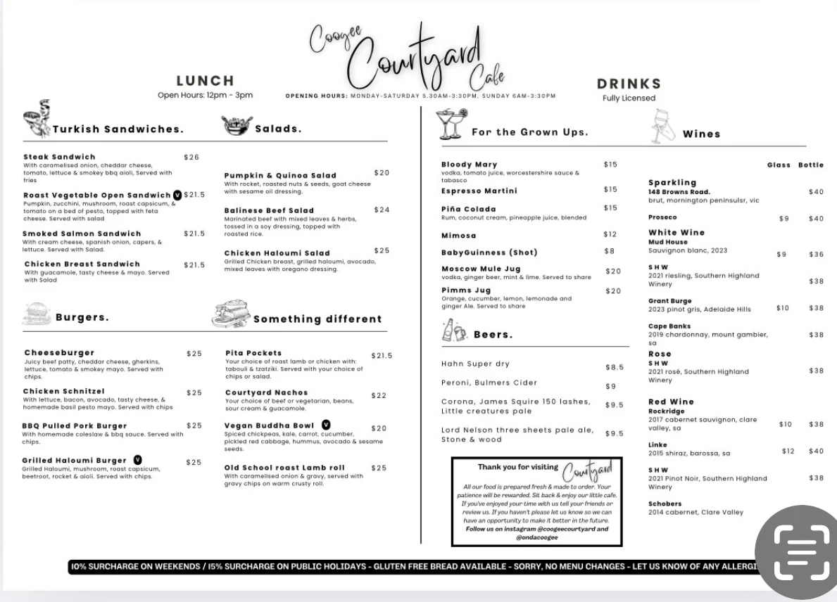 Menu, Coogee Courtyard