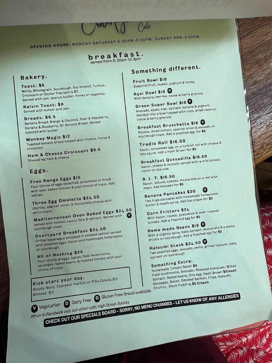 Menu, Coogee Courtyard