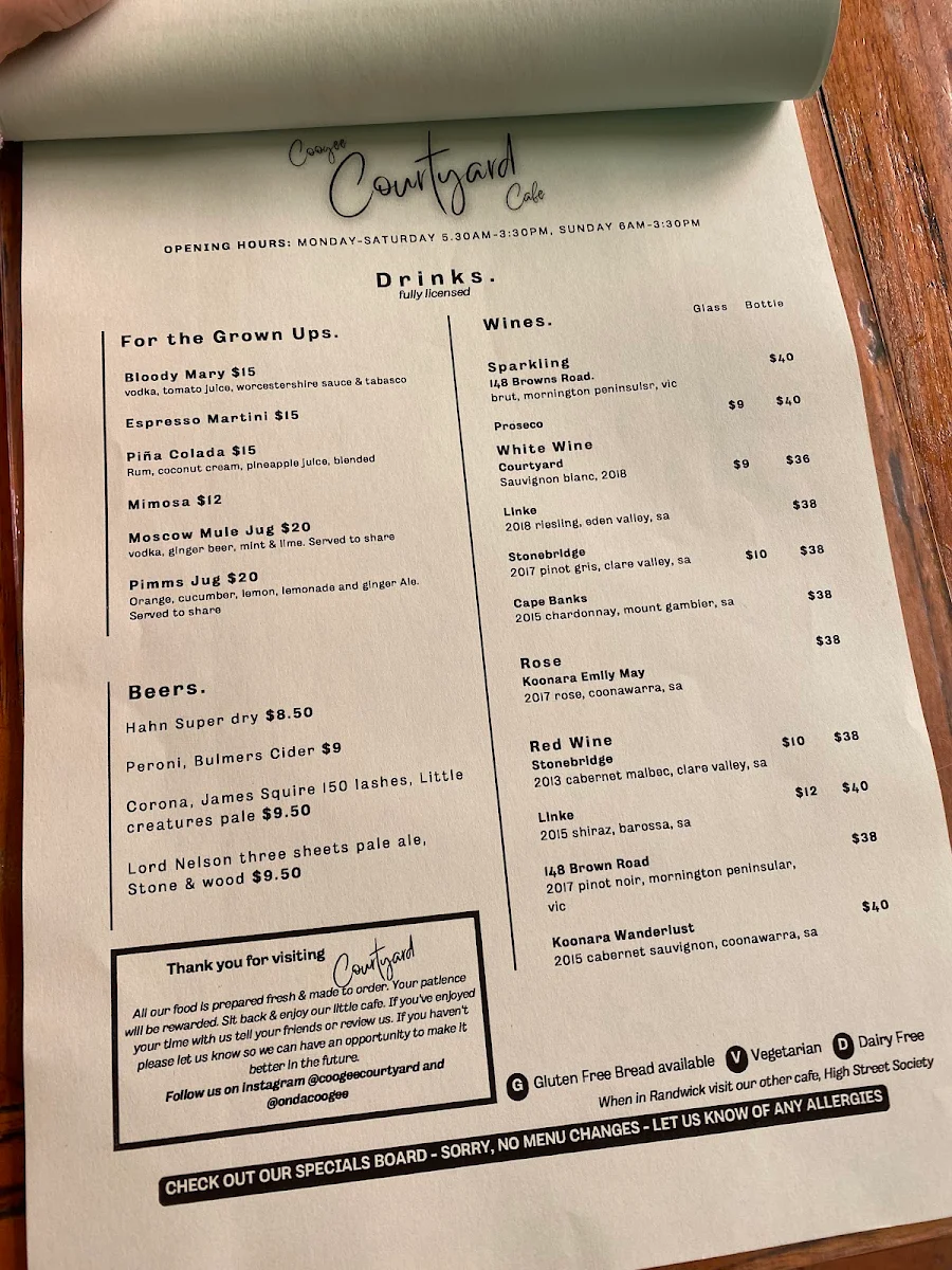 Menu, Coogee Courtyard