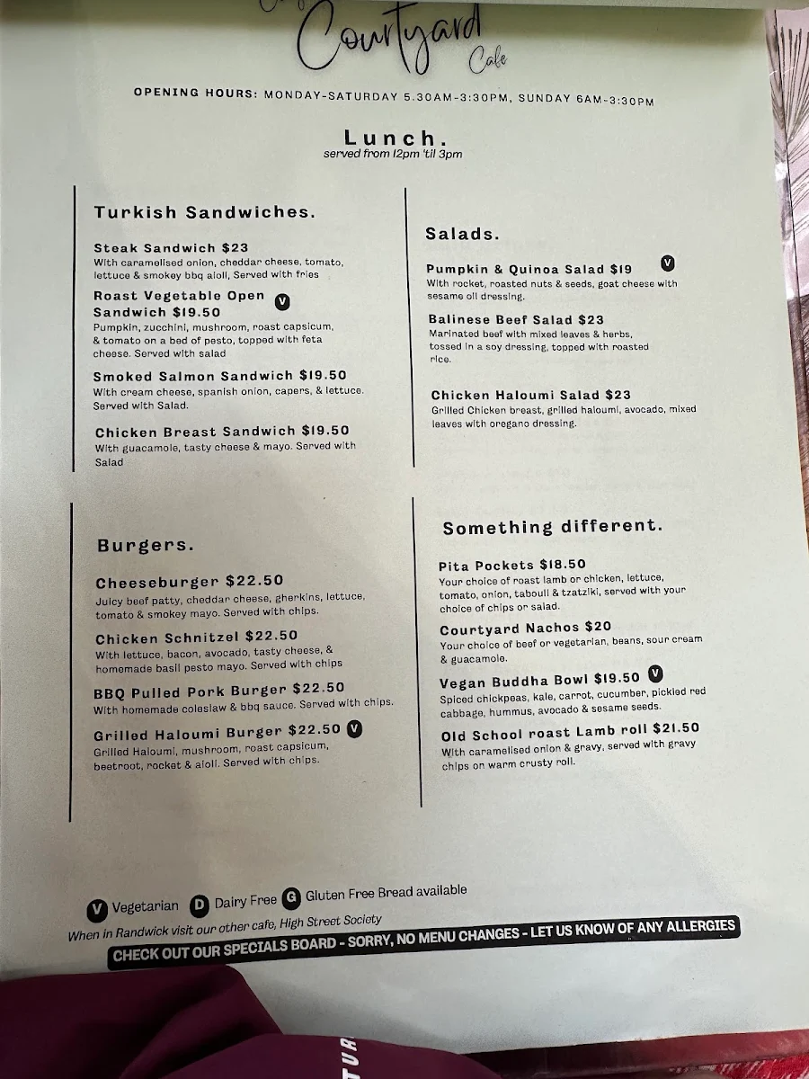 Menu, Coogee Courtyard