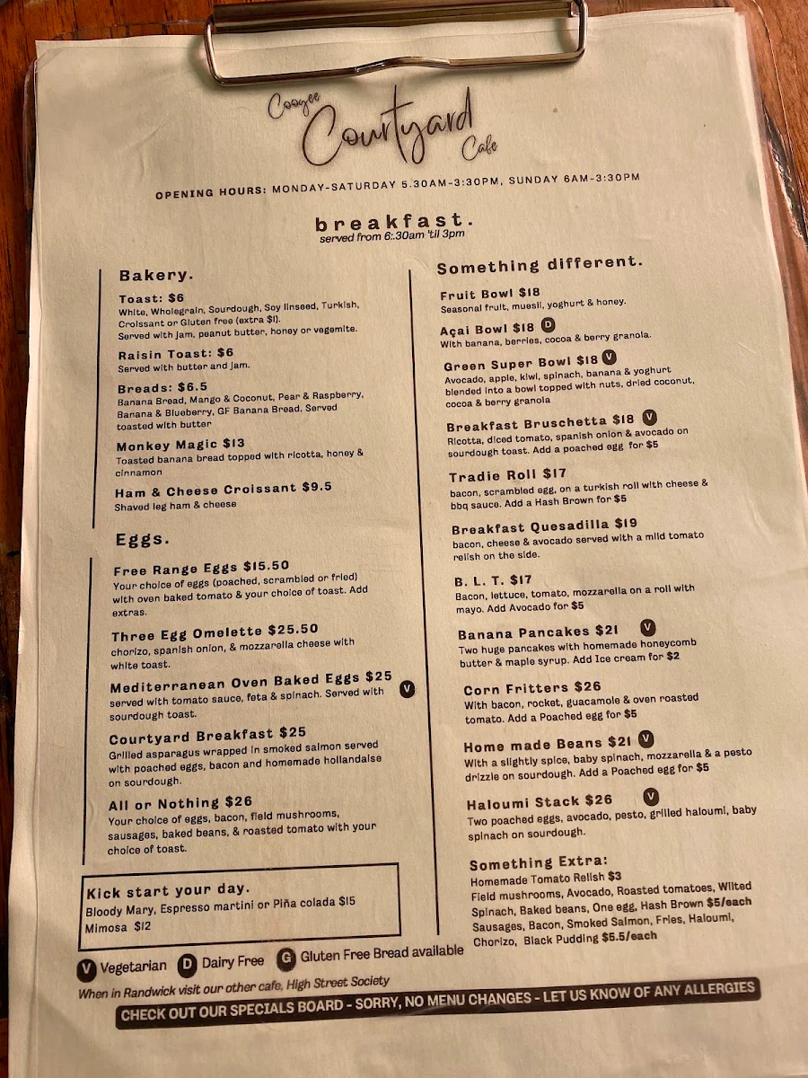 Menu, Coogee Courtyard