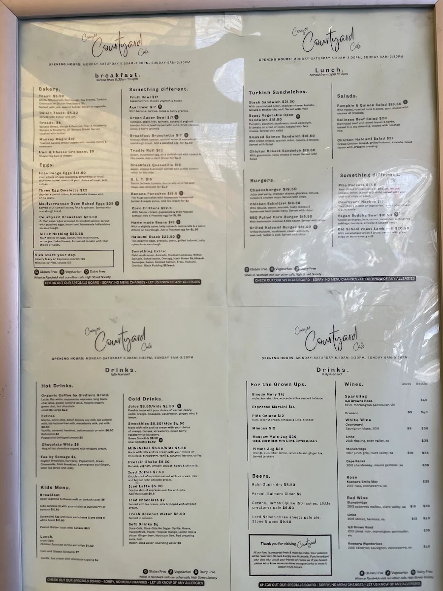 Menu, Coogee Courtyard