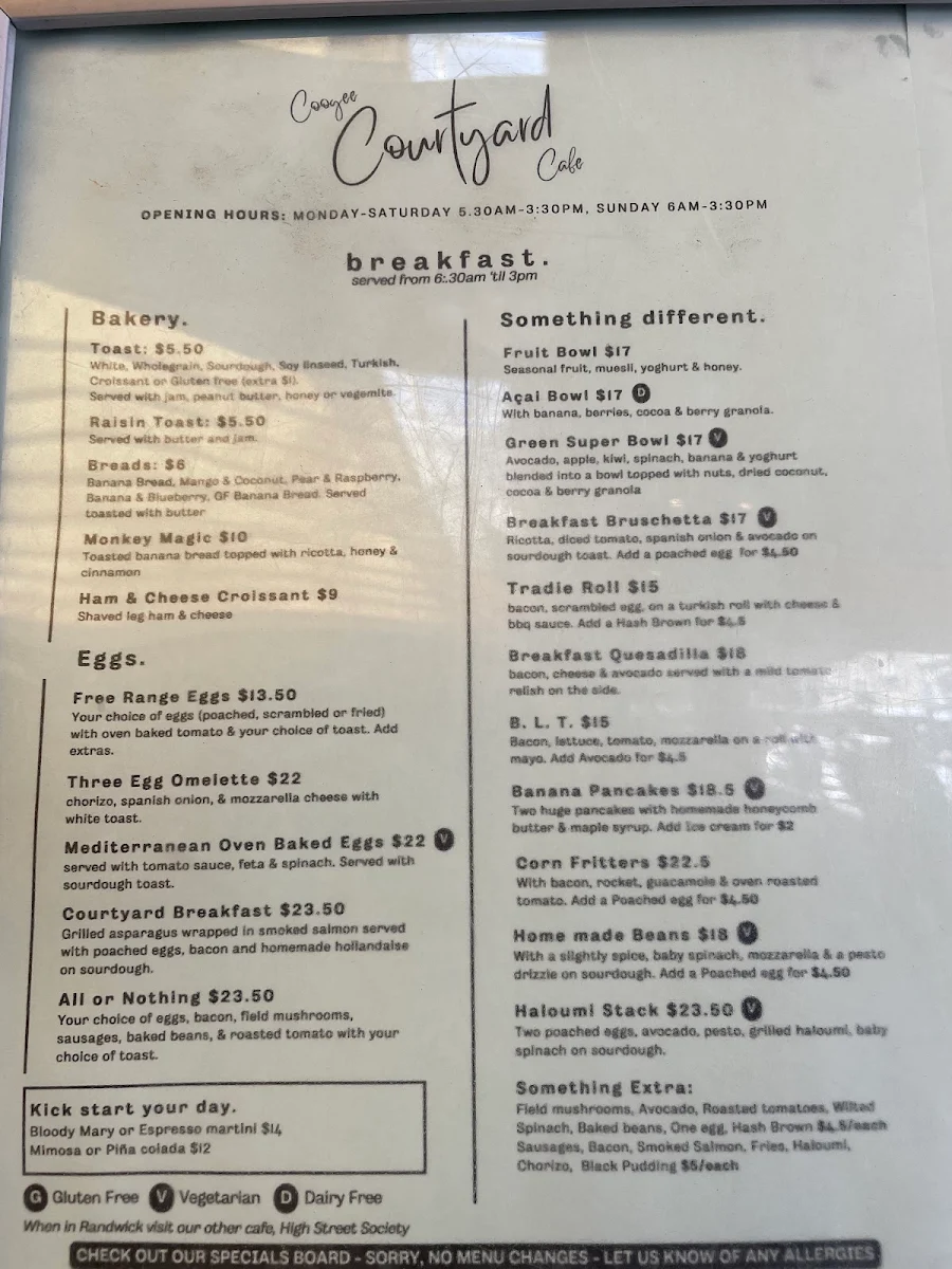 Menu, Coogee Courtyard