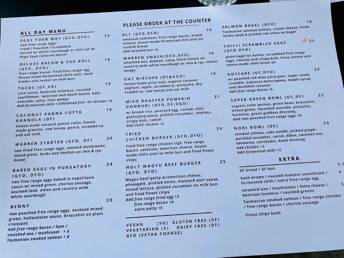 Menu, Warren & Holt Wholefoods Eatery