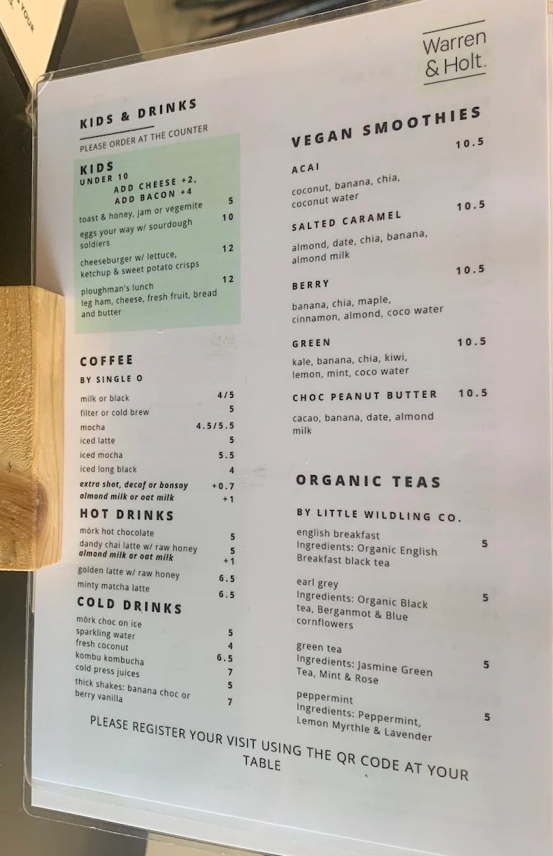 Menu, Warren & Holt Wholefoods Eatery