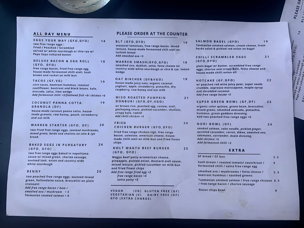 Menu, Warren & Holt Wholefoods Eatery