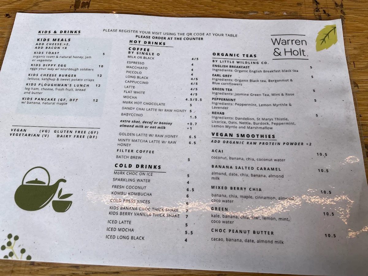 Menu, Warren & Holt Wholefoods Eatery