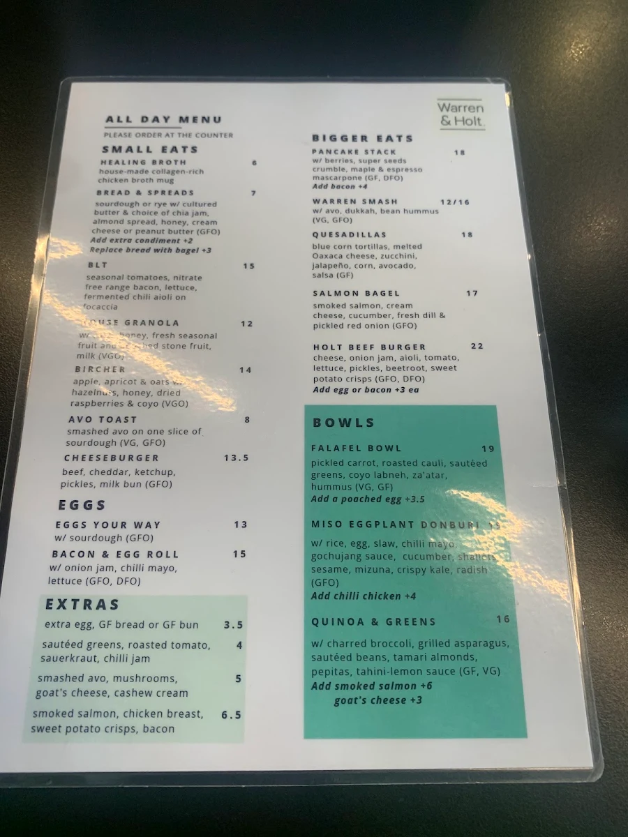 Menu, Warren & Holt Wholefoods Eatery