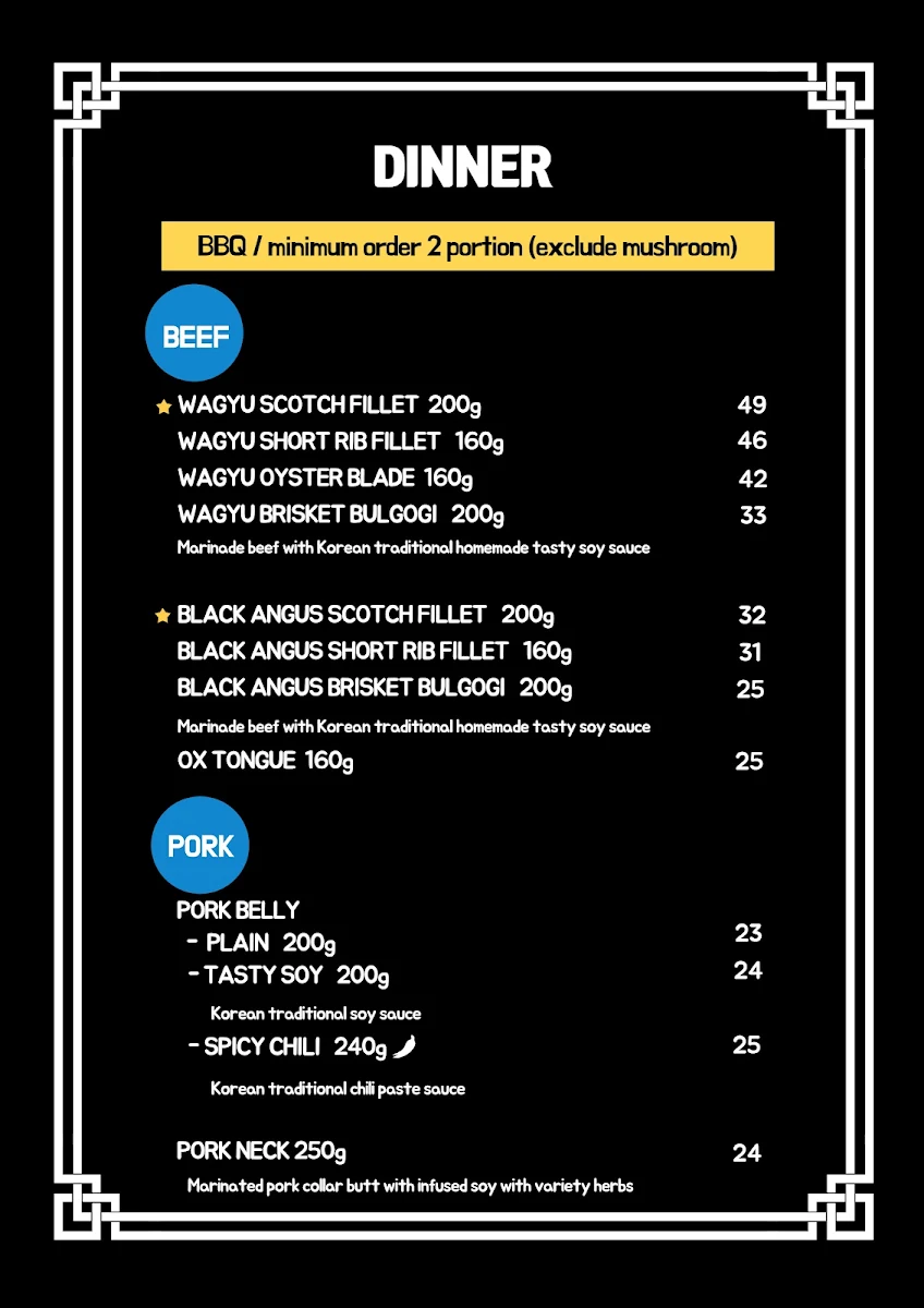 Menu, Mino Korean Charcoal BBQ