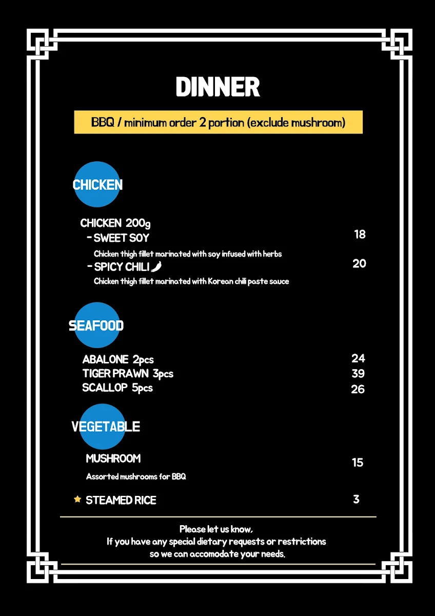 Menu, Mino Korean Charcoal BBQ