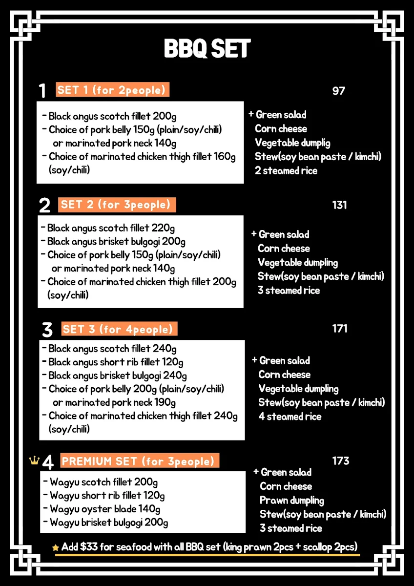 Menu, Mino Korean Charcoal BBQ