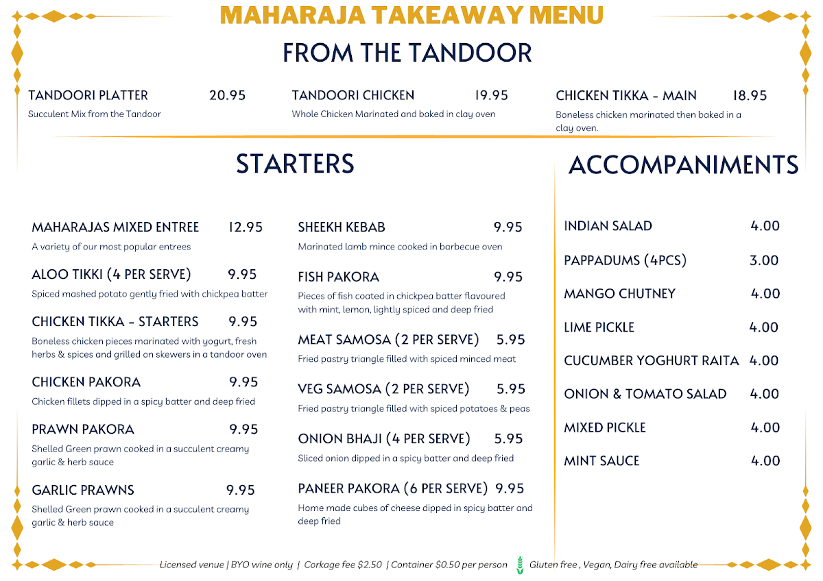 Menu, Maharaja Indian Restaurant Cleveland