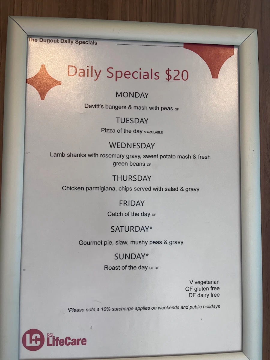 Menu, The Dugout Cafe, Gallipoli Building