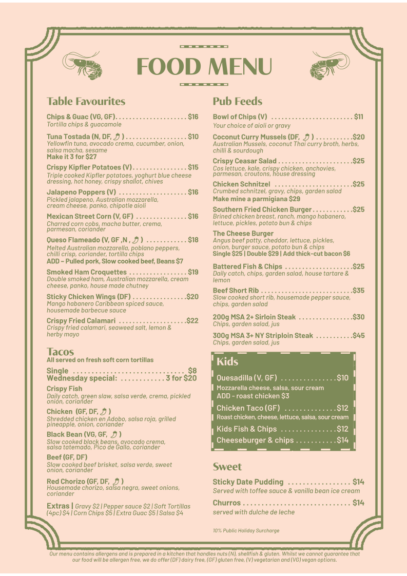 Menu, Australian Hotel Ballina
