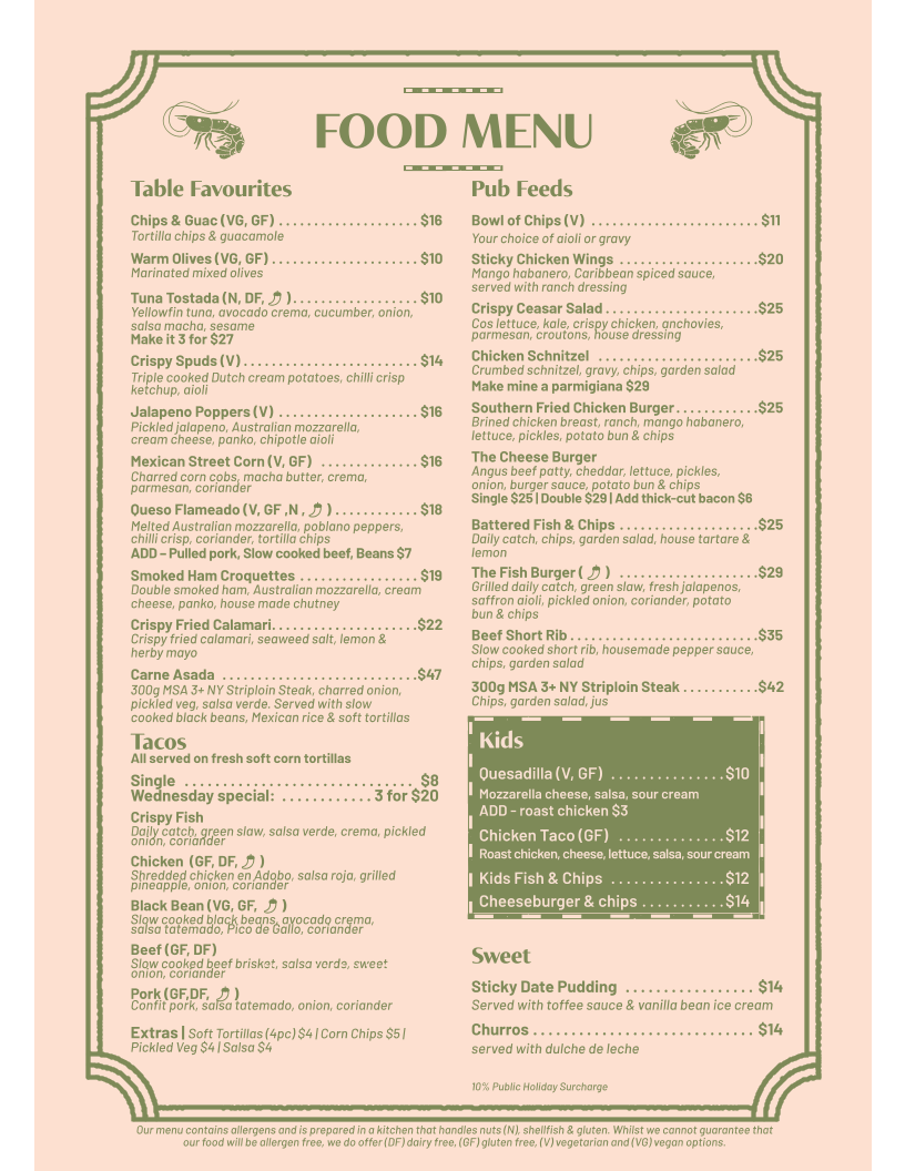 Menu, Australian Hotel Ballina