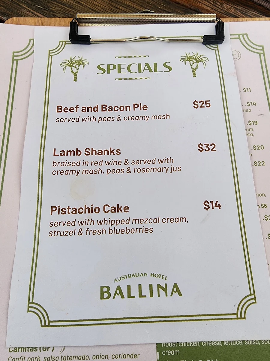 Menu, Australian Hotel Ballina