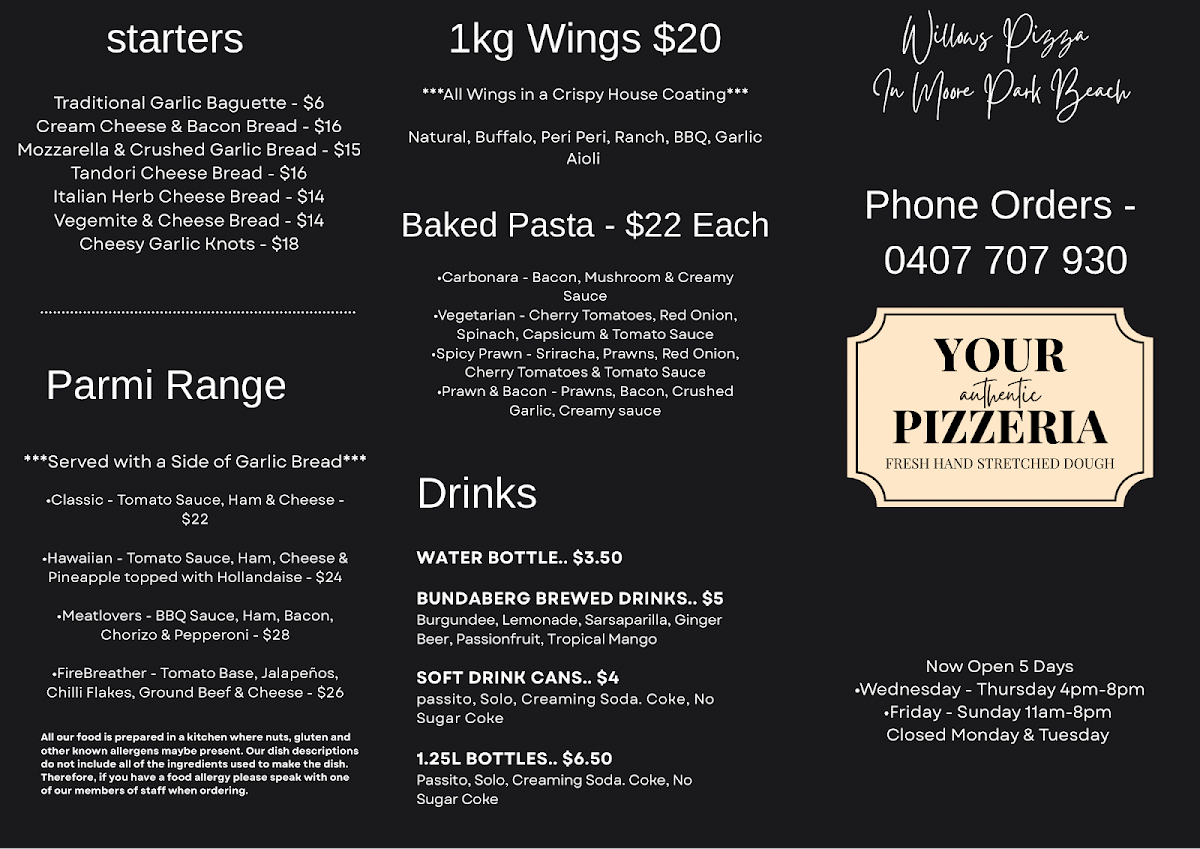 Menu, Willows Pizza On Tour