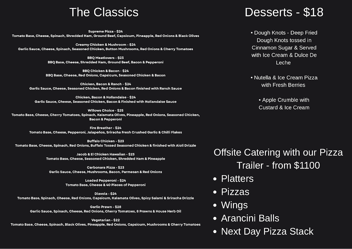 Menu, Willows Pizza On Tour