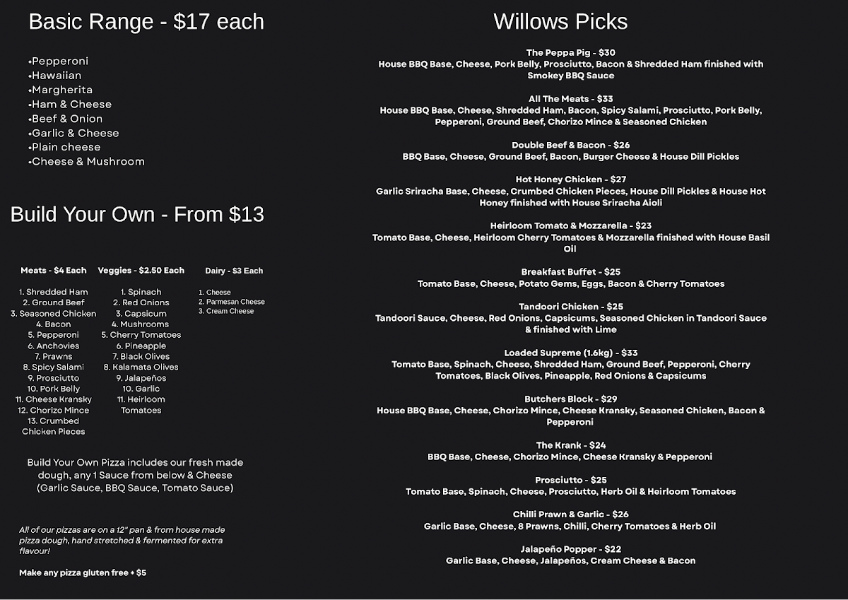 Menu, Willows Pizza On Tour