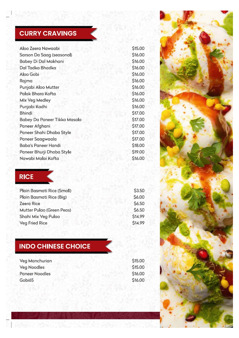 Menu, Baba Sweets Wallan