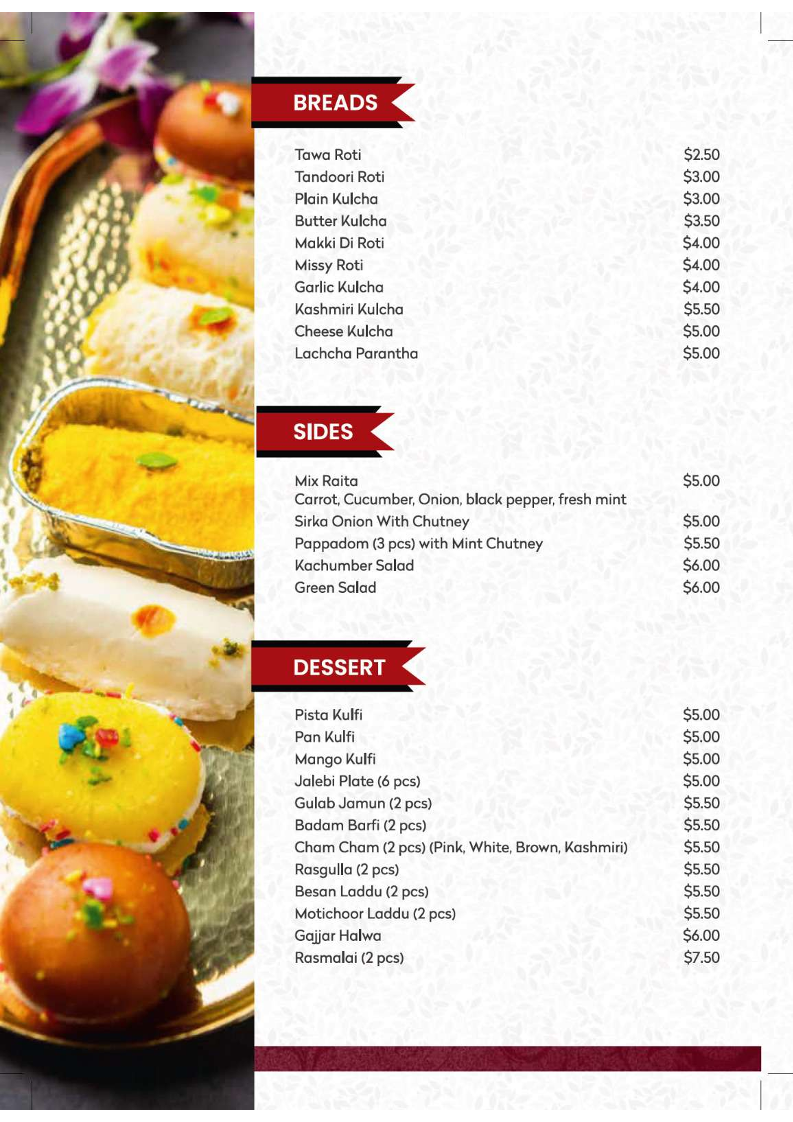 Menu, Baba Sweets Wallan