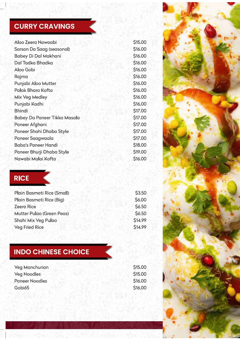 Menu, Baba Sweets Wallan