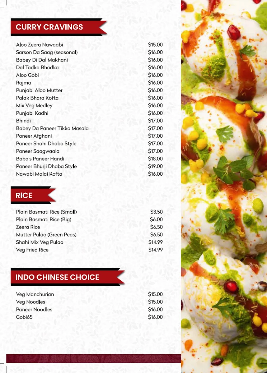 Menu, Baba Sweets Wallan