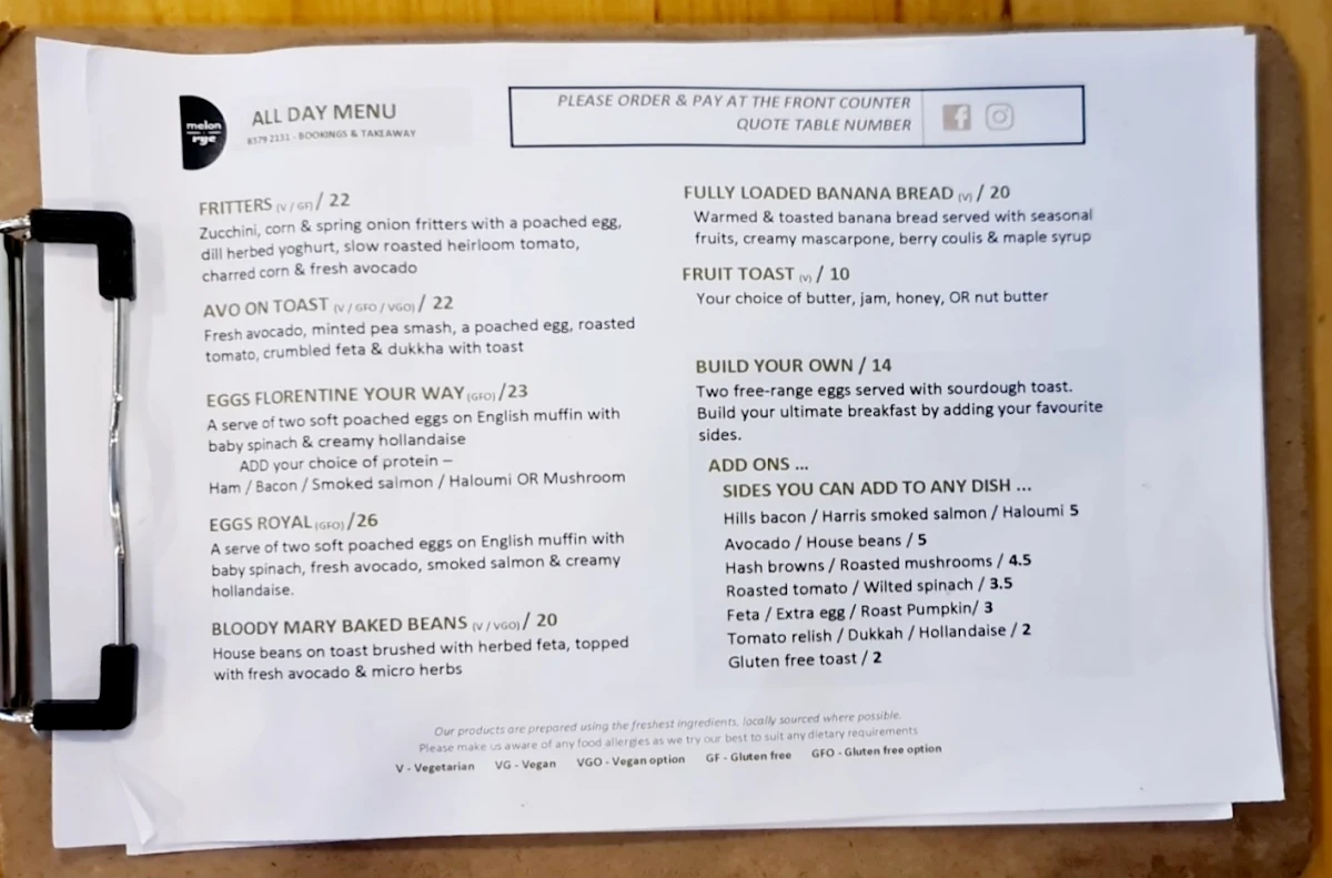 Menu, Melon & Rye
