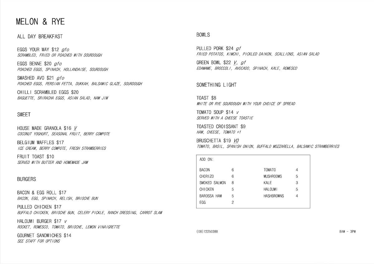 Menu, Melon & Rye